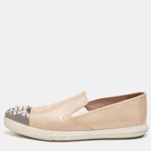 Miu Miu Beige Patent Leather Crystal Embellishment Pointed Sneakers Size 41