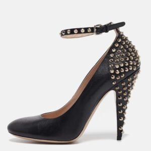 Miu Miu Black Leather Studded Ankle Strap Pumps Size 40