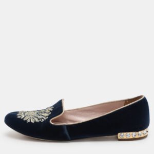 Miu Miu Blue Embroidered Velvet Crystal Embellished Smoking Slippers Size 37