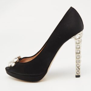 Miu Miu Black Satin Crystal Embellished Peep Toe Platform Pumps Size 37
