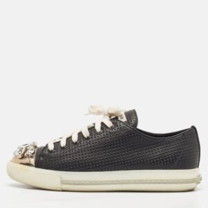 Miu Miu Black Leather Crystal Embellished Cap Toe Low Top Sneakers Size 37.5
