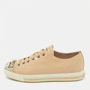 Miu Miu Beige Patent Leather Cap Toe Crystal Embellished Low Top Sneakers Size 37.5