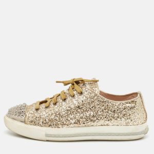 Miu Miu Gold Coarse Glitter Metal Cap Toe Low Top Sneakers Size 37.5