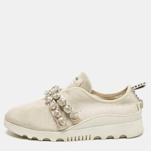 Miu Miu Cream Knit Fabric Crystal Embellished Slip On Sneakers Size 41