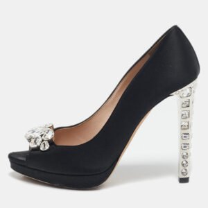 Miu Miu Black Satin Crystal Embellished Heel Peep Toe Platform Pumps Size 38