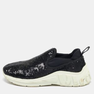 Miu Miu Black Sequins and Neoprene Slip On Sneakers Size 39