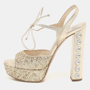 luxury-women-miu-miu-used-shoes-p1139714-006 Miu Miu Gold Glitter Ankle Tie Platform Pumps Size 38