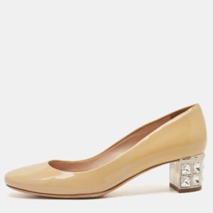 luxury-women-miu-miu-used-shoes-p1140708-001 Miu Miu Beige Patent Leather Crystal Embellished Block Heel Pumps Size 36.5