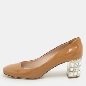 luxury-women-miu-miu-used-shoes-p1141345-005 Miu Miu Brown Patent Leather Crystal Embellished Block Heel Pumps Size 39.5
