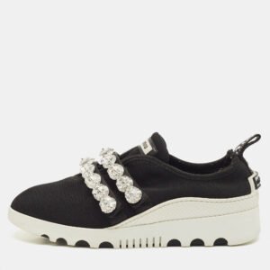 miu miu black knit fabric crystal embellished slip on sneakers size 37.5