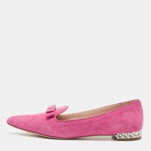Miu Miu Pink Suede Bow Detail Crystal Embellished Heel Ballet Flats Size 39.5