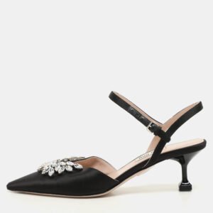 Miu Miu Black Satin Crystal Embellished Kitten Heel Ankle Strap Pumps Size 36.5