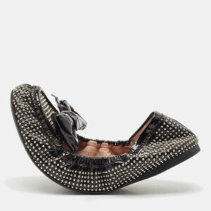Miu Miu Black Patent Leather Studded Bow Scrunch Ballet Flats Size 38.5