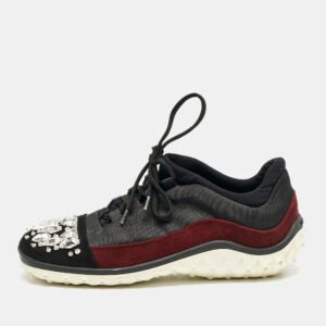 Miu Miu Black/Burgundy Canvas and Suede Crystal Embellished Sneakers Size 37.5