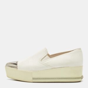 Miu Miu White Leather Metal Cap Toe Platform Slip On Sneakers Size 37