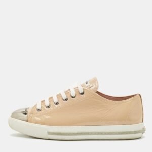 miu miu beige patent leather metal cap toe low top sneakers size 38.5