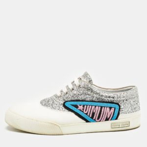 Miu Miu Silver/White Leather and Glitter Patch Slip on Sneakers Size 40
