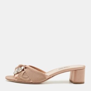 Miu Miu Beige Satin Crystals Knot Slide Sandals Size 39.5