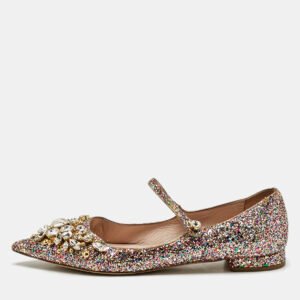 Miu Miu Multicolor Glitter Mary Jane Crystals Ballet Flats Size 37.5