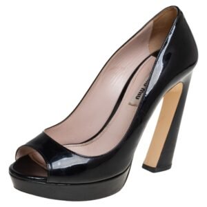 Miu Miu Black Patent Leather Open Toe Platform Pumps Size 37