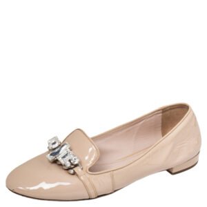 Miu Miu Beige Patent Leather Crystal Embellished Smoking Slippers Size 39