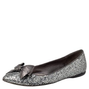 Miu Miu Metallic Grey Glitter Bow Ballet Flats Size 37