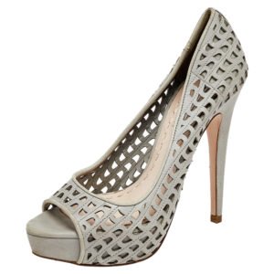 Miu Miu Grey Laser Cut Leather Peep Toe Platform Pumps Size 37