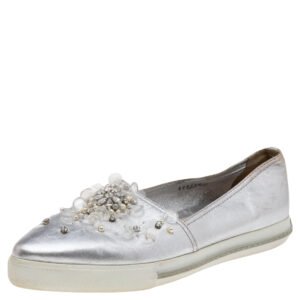 luxury-women-miu-miu-used-shoes-p560265-005-2 Miu Miu Metallic Silver Leather Embellished Pointed Toe Slip On Sneakers Size 40