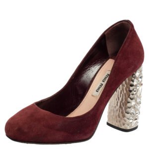Miu Miu Burgundy Suede Crystal Embellished Block Heel Pumps Size 35