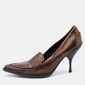 Miu Miu Metallic Brown Leather Pointed Toe Loafer Pumps Size 36.5