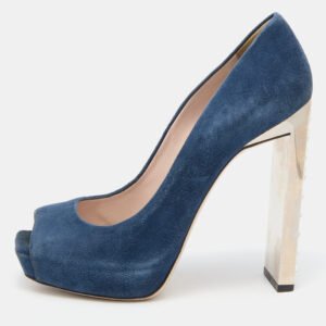 Miu Miu Navy Teal Suede Crystal Heel Peep Toe Pumps Size 38.5