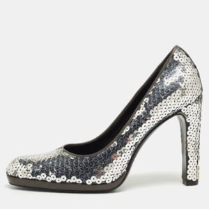 Miu Miu Silver Sequin Round Toe Pumps Size 37