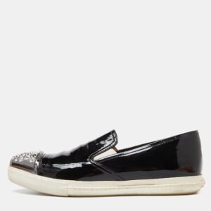 Miu Miu Black Patent Leather Crystals Embellished Slip On Loafers Size 38