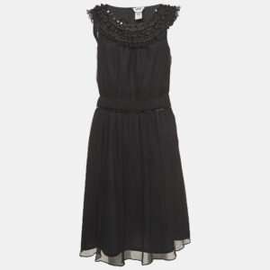 luxury-women-moschino-cheap-and-chic-used-clothes-p940772-004 Moschino Cheap and Chic Vintage Black Metal Embellished Neck Silk Midi Dress M