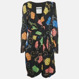 Moschino Couture Black Biker Bag Print Silk Wrap DressM