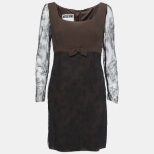 Moschino Couture Black/Brown Crepe & Lace Bow Detail Mini Dress L