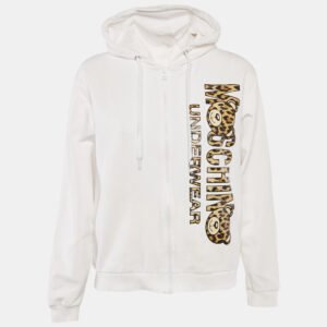 Moschino White Logo Print Cotton Knit Zip-Up Hoodie Jacket XL
