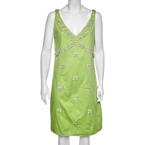 Moschino Cheap & Chic Green Cotton Shell Appliqu&eacute; Sleeveless Dress L