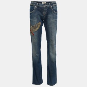 Moschino Jeans Navy Blue Embroidered Denim Distressed Jeans L