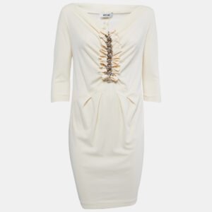 Moschino Vintage Cream Jersey Ruffled Chain Detail Midi Dress M