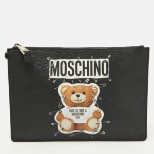 Moschino Black Teddy Bear Print Coated Canvas Medium Clutch