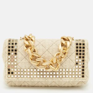 luxury-women-moschino-used-handbags-p1152304-014 Moschino Cream Quilted Tweed Mirror Embellished Chain Shoulder Bag