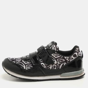 Moschino Black/White Printed Neoprene and Patent Leather Velcro Low Top Sneakers Size 36