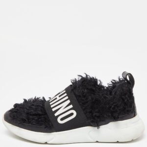 Moschino Black Leather and Faux Fur Logo Slip On Sneakers Size 37