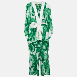 Mystique Beach Green/White Leaf Print Kimono and Samui Pants Set S