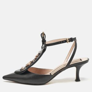 luxury-women-n21-used-shoes-p1145483-010 N21 Black Leather Logo Pointed Toe Ankle Strap Pumps Size 38