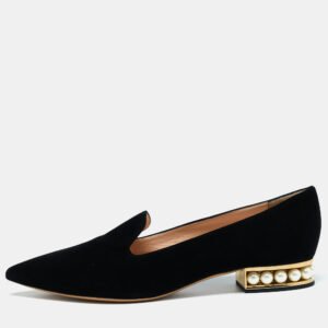 Nicholas Kirkwood Black Suede Casati Faux Pearl Heel Pointed Toe Loafers Size 40