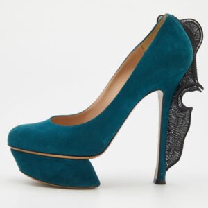 Nicholas Kirkwood Teal Blue/Black Suede and Ruffle Fabric Platform Pumps Size 37