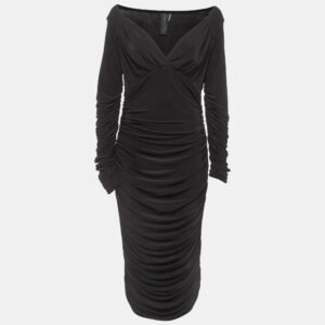 Norma Kamali Black Draped Jersey Long Sleeve Tara Midi Dress L
