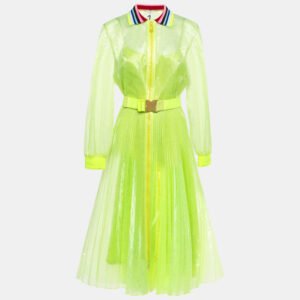 Fendi Neon Yellow Printed Synthetic Pleated Bleated Midi Dress M